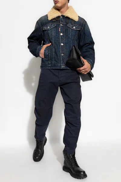 Dsquared2 Denim Aviator Jacket With Shearling Collar And Distressed Finish In Multi