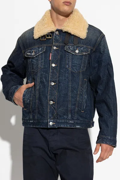 Dsquared2 Denim Aviator Jacket With Shearling Collar And Distressed Finish In Multi
