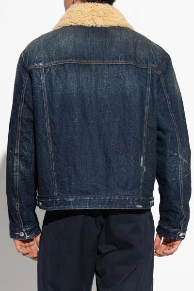 Dsquared2 Denim Aviator Jacket With Shearling Collar And Distressed Finish In Multi