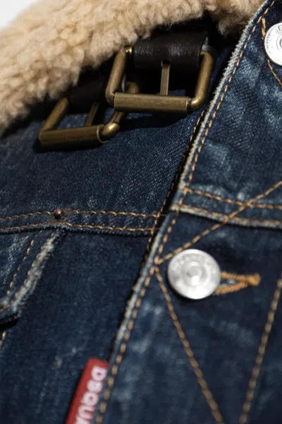 Dsquared2 Denim Aviator Jacket With Shearling Collar And Distressed Finish In Multi