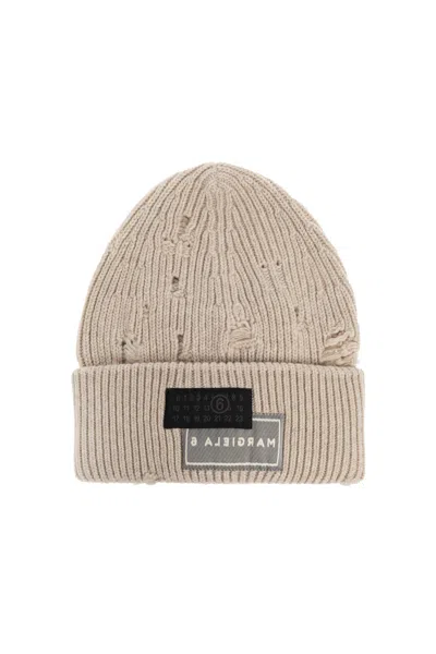Mm6 Maison Margiela Ribbed Knit Beanie With Folded Cuff And Decorative Patches In Neutral