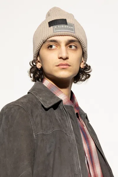 Mm6 Maison Margiela Ribbed Knit Beanie With Folded Cuff And Decorative Patches In Neutral