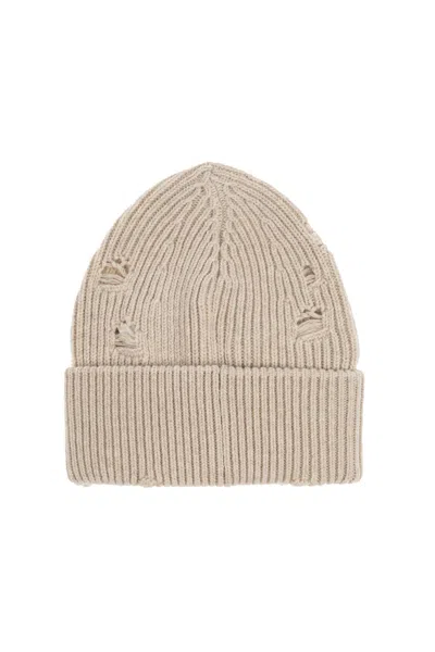 Mm6 Maison Margiela Ribbed Knit Beanie With Folded Cuff And Decorative Patches In Neutral