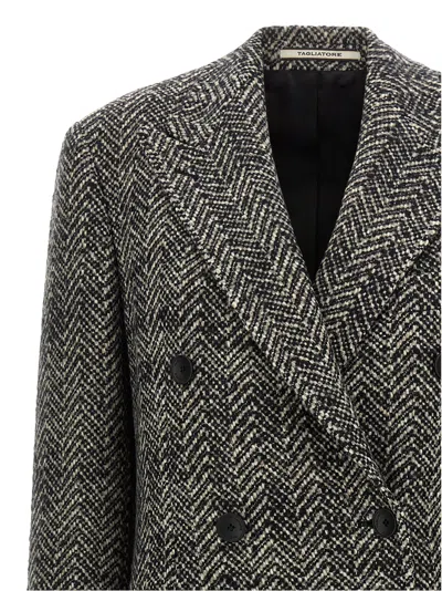 Tagliatore Wool Double-breasted Coat Herringbone Pattern In Gray
