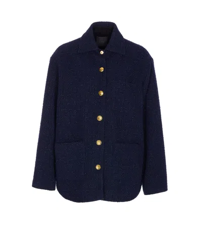 Pinko Shiny Metallic Textured Jacket With Gold Buttons In Blue