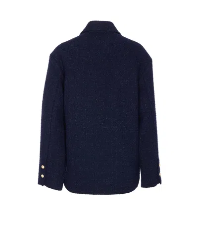 Pinko Shiny Metallic Textured Jacket With Gold Buttons In Blue