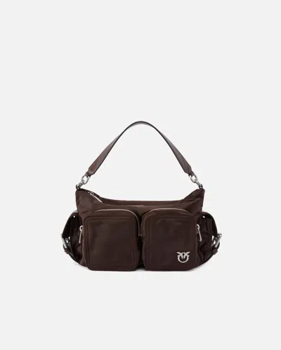 Pinko Medium Satin Camera Bag With Love Birds Logo In Brown