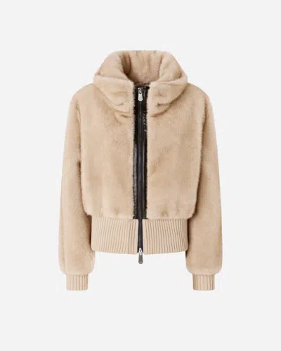 Pinko Cropped Plush Coat With High Collar In Neutral