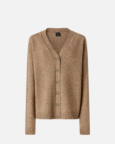Pinko Bouclé Fabric Cardigan With Rhinestones In Brown
