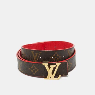 Pre-owned Louis Vuitton Red Leather And Monogram Canvas Lv Initiales Reversible Belt 80 Cm