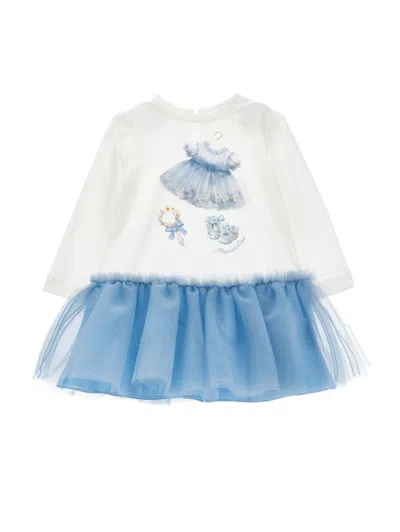 Monnalisa Dress With Print Dress And Tulle Skirt In White
