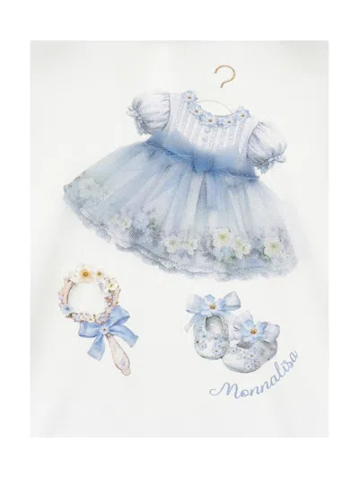 Monnalisa Dress With Print Dress And Tulle Skirt In White