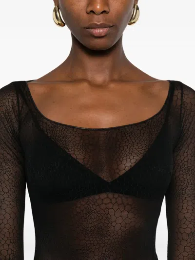 Elisabetta Franchi Sheer Black Bodysuit With Subtle Hexagonal Mesh In Black