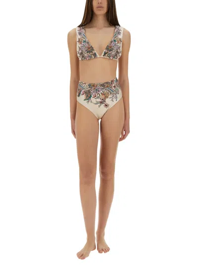 Zimmermann Rhiannon Wide Shoulder Bikini Set In Cream Multi Paisley In Multi