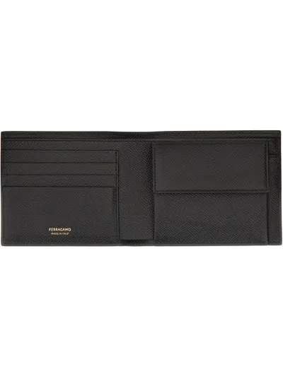 Ferragamo Gancini Textured Bi Fold Vertical Wallet In Black