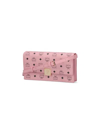 Mcm Large Wallet With Logo Shoulder Strap In Pink