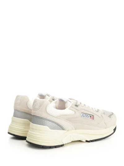 Autry Hyperway Mesh And Metallic Leather-trimmed Suede Sneakers In Sand