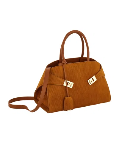 Ferragamo Hug S Beige Handbag With Logo And Gancini Buckle In Leather Woman In Brown