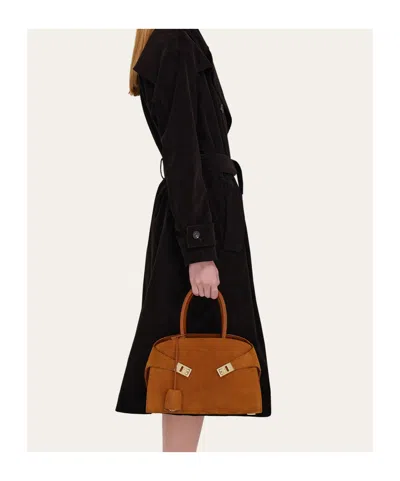 Ferragamo Hug S Beige Handbag With Logo And Gancini Buckle In Leather Woman In Brown