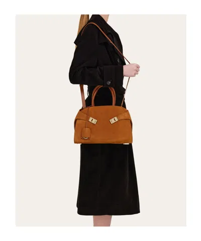 Ferragamo Hug S Beige Handbag With Logo And Gancini Buckle In Leather Woman In Brown