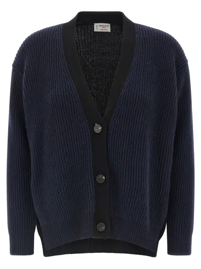 Alberto Biani Two-tone Cashmere Cardigan With V-neck In Blue