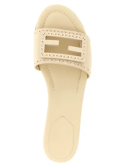 Fendi Leather Slippers Flat Sole Open Toe Studded Detail In Sand