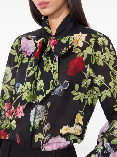 Alice And Olivia Lloyd Slit Sleeve Button Down Blouse Venus Floral In Black