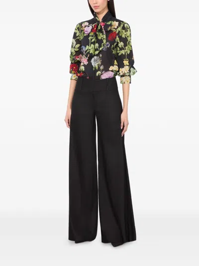 Alice And Olivia Lloyd Slit Sleeve Button Down Blouse Venus Floral In Black
