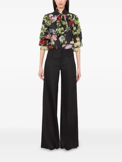 Alice And Olivia Lloyd Slit Sleeve Button Down Blouse Venus Floral In Black