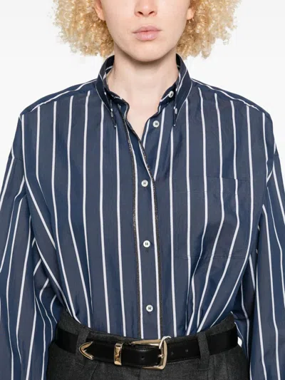 Brunello Cucinelli Women Striped Cotton Shirt In Blue