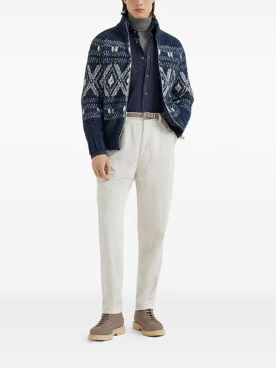 Brunello Cucinelli Wool Zipped Cardigan In Blue