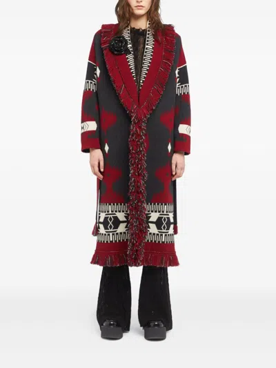 Alanui Jacquard Wool Long Cardigan With Belted Waist In Red