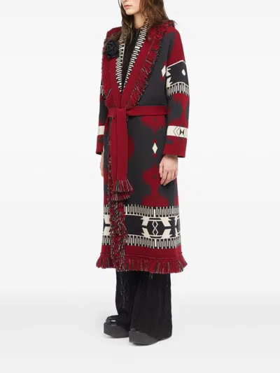 Alanui Jacquard Wool Long Cardigan With Belted Waist In Red