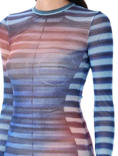 Jean Paul Gaultier Long Mesh Dress With Air Print And Crew Neck In Blue
