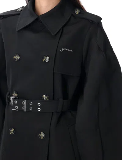 Ganni Double-breasted Belted Short Trench Coat In Black
