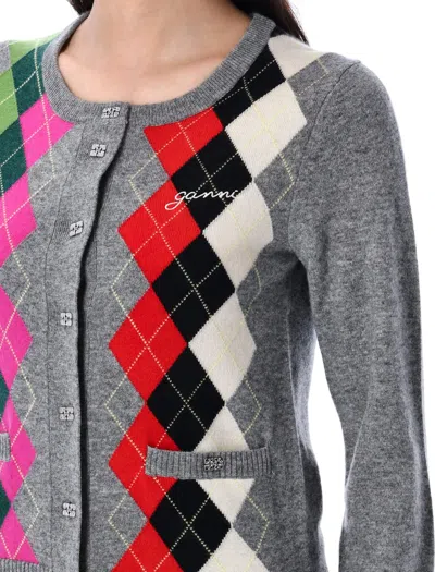 Ganni Argyle-pattern Logo-embroidered Cardigan In Multi