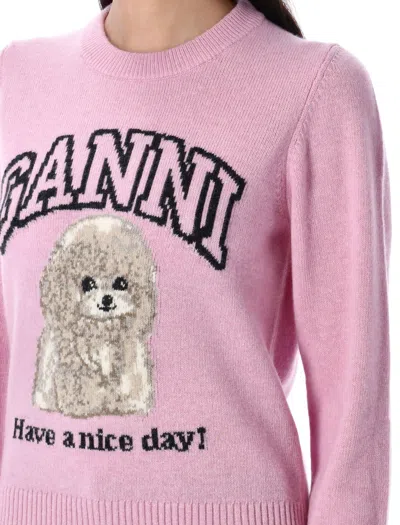 Ganni Poodle Graphic Sweater In Pink Wool Blend In Pink
