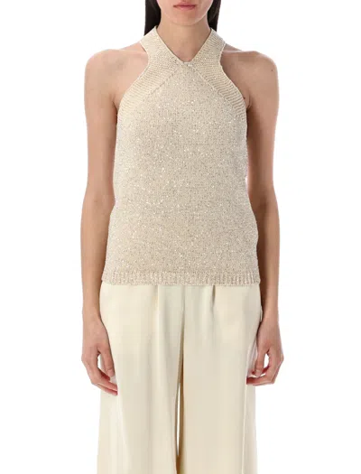 Fabiana Filippi Halterneck Sleeveless Metallic Ribbed Hem Top In Yellow