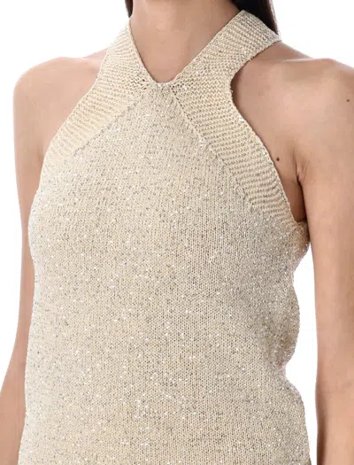 Fabiana Filippi Halterneck Sleeveless Metallic Ribbed Hem Top In Yellow