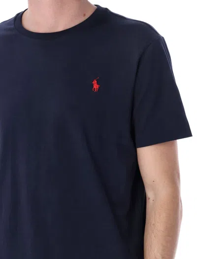 Polo Ralph Lauren Custom Slim Fit Blue Crewneck T-shirt With Pony Embroidery On The Front In Cotton Man