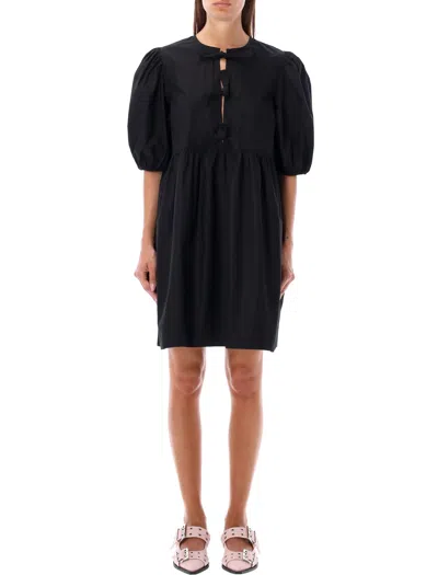 Ganni Cotton Poplin Tie String Mini Dress In Black