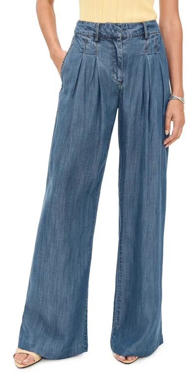 Ramy Brook Chambray Pleated Chambray Wide-leg Trousers In Blue