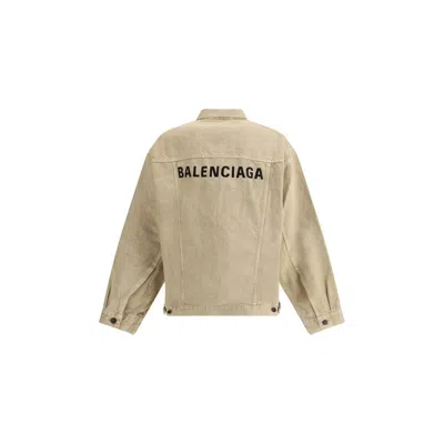 Balenciaga Beige Denim Jacket With Contrast Logo Embroidery In Sand