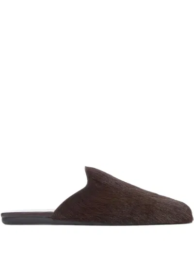 Prada Fur Leather Mules In Brown