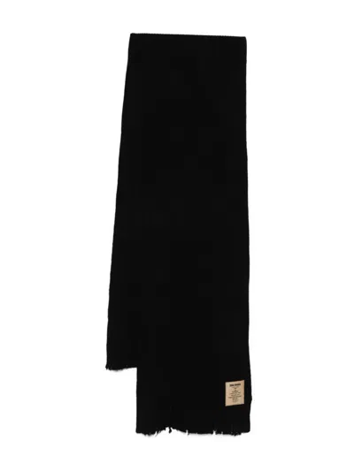Uma Wang Ribbed Rectangular Scarf Frayed Edges In Black
