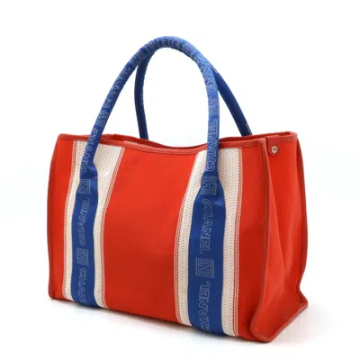 Pre-owned Chanel Blue Red Color White Nylon Canvas Leather Shoulder Bag Tote Bag ()