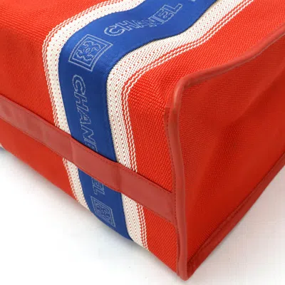 Pre-owned Chanel Blue Red Color White Nylon Canvas Leather Shoulder Bag Tote Bag ()
