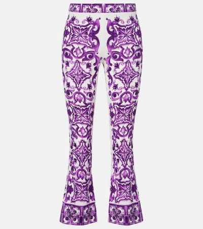 Dolce & Gabbana Maiolica Print Silk Wide Leg Trousers In White
