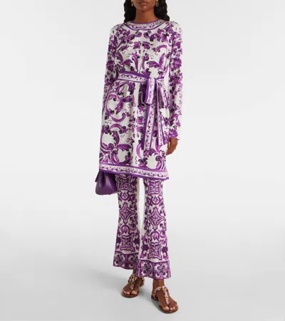 Dolce & Gabbana Maiolica Print Silk Wide Leg Trousers In White