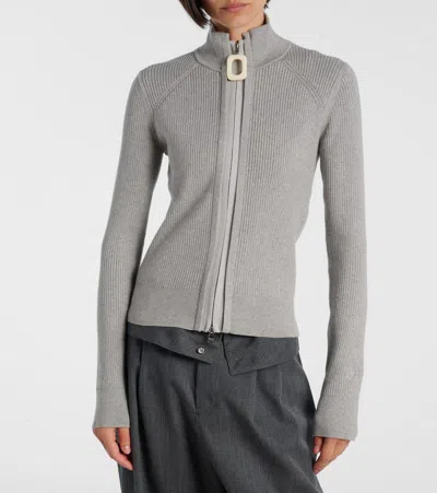 Jw Anderson J. W. Anderson Ribbed Zip-up Cardigan With High Collar In Gray